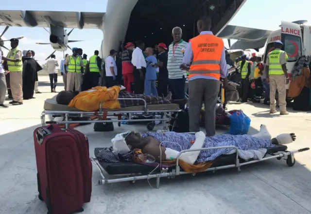 Civilians injured during an explosion last Saturday in KM4 street in the Hodan district wait to board a Turkish military plane for medical evacuation at the Aden Abdulle International Airport in Mogadishu, Somalia October 16, 2017