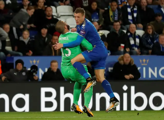 Boaz Myhill fouls Jamie Vardy