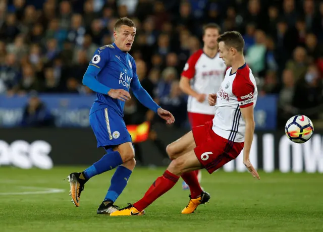 Jonny Evans fouls Jamie Vardy