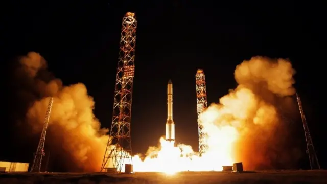 A rocket carrying a Spanish satellite lifts off from Baikonur Cosmodrome, Kazakhstan