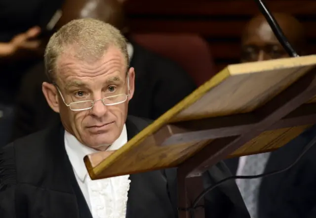 South African Prosecutor Gerrie Nel attends on February 19, 2013 the bail hearing of South African Olympic sprinter Oscar Pistorius at the Magistrate Court in Pretoria.