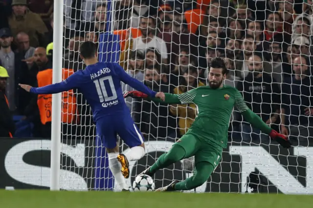 Belgian midfielder Eden Hazard (L) shoots and is blocked by Roma"s Brazilian goalkeeper Alisson