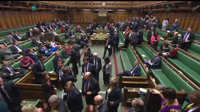 Opposition MPs, on the right hand side, get up to head through the voting lobbies, while Conservative MPs stay in their places.