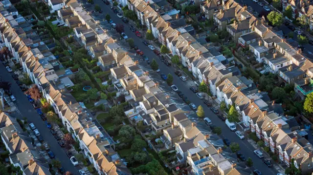 Aerial shot of rows of houses