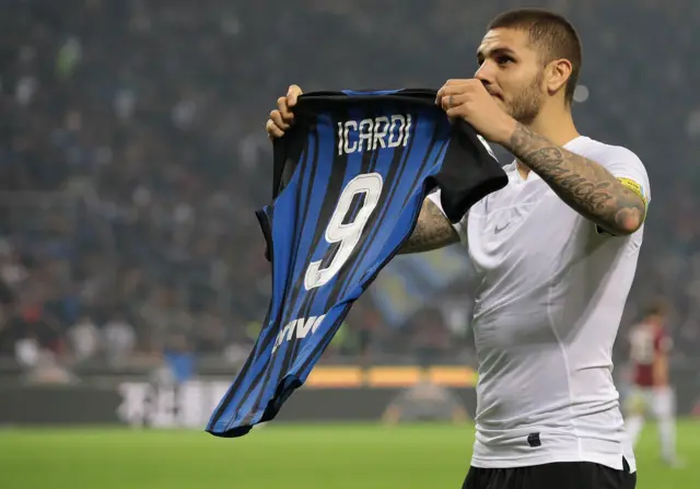 Inter's Mauro Emanuel Icardi celebrates his third goal in the Milan derby