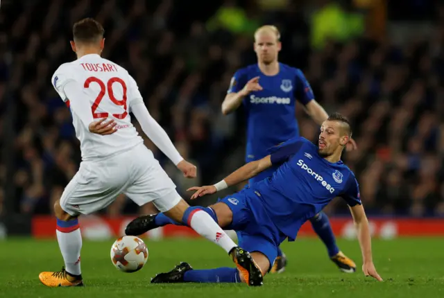 Morgan Schneiderlin in action with Lyon's Lucas Tousart