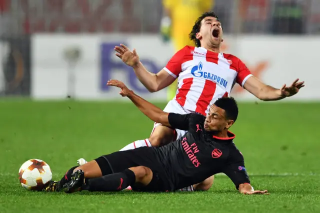 Francis Coquelin leaves Filip Stojkovic in a crumpled heap