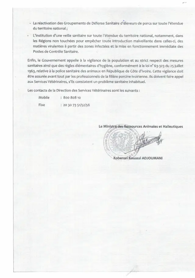 Ivory Coast government press release