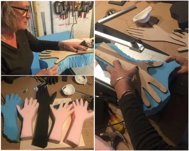 Collage of a woman making foam hand cut outs