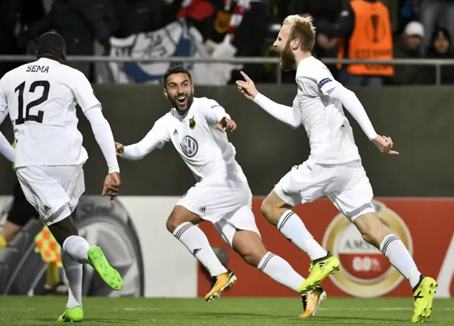 Curtis Edwards celebrates putting Ostersund ahead against Athletic Bilbao.