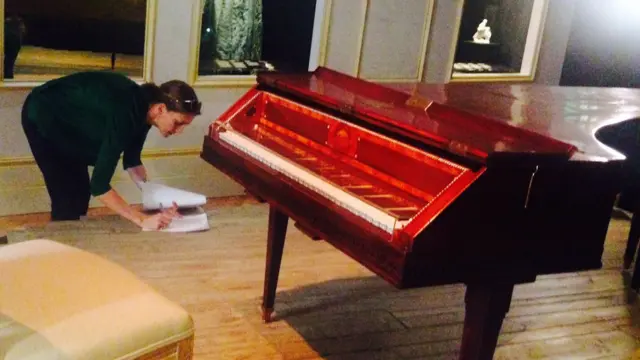 Katie Derham checks out Mozart's piano at the V&A