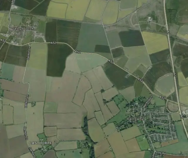 A satellite view of the A52 between Sedgebrook and Barrowby