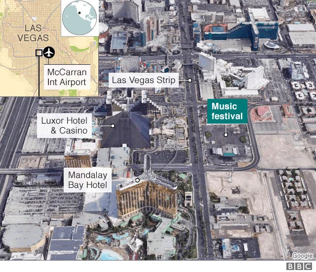 Map showing the Las Vegas strip and the music festival where the shooting happened