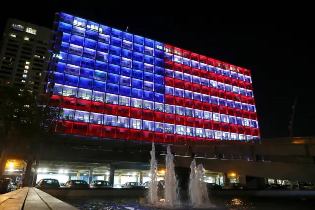 Tel Aviv's city hall lit up in US colours