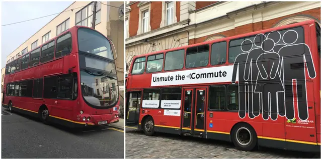 Before and after of bus with campaign branding