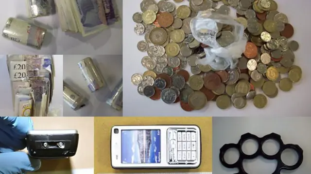 A collage of pictures including money. mobile phones and a knuckle duster.