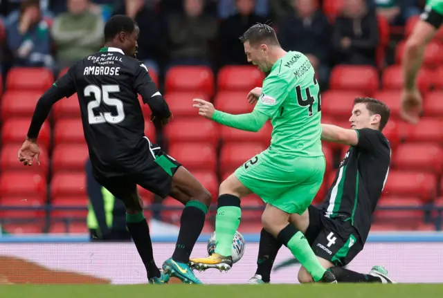 Hibs' Efe Ambrose and Paul Hanlon tackle Celtic's Callum McGregor