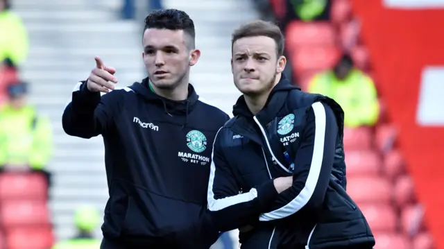 Hibs midfielders John McGinn and Brandon Barker at Hampden