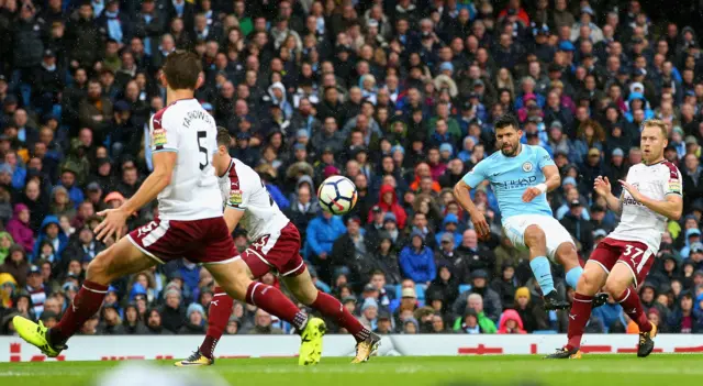 Sergio Aguero of Manchester City shoots