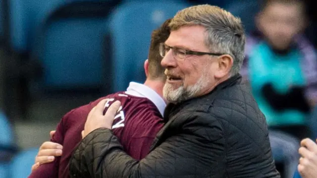 Hearts' Kyle Lafferty is congratulated by manager Craig Levein