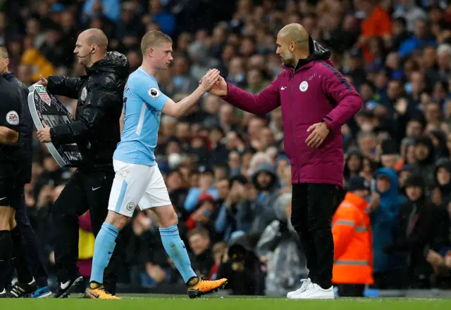 Kevin De Bruyne shakes hands with manager Pep Guardiola