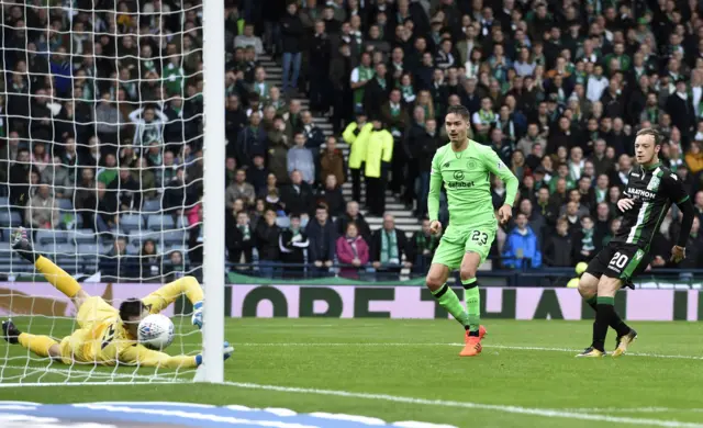 Hibs goalkeeper Ross Laidlaw fails to deny Mikael Lustig a goal