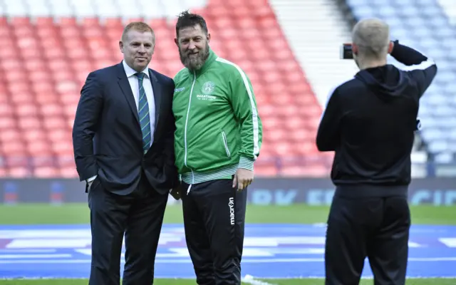 Hibs head coach Neil Lennon and assistant Garry Parker at Hampden