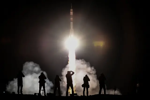 A Russian Soyuz rocket launching from Russia's Baikonur Cosmodrome