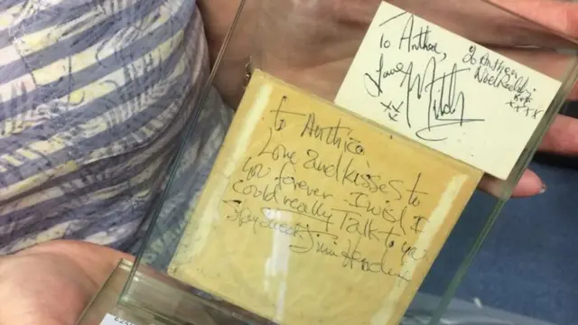 The note reads "To Anthea, love and kisses to you forever. I wish I could really talk to you. Stay sweet, Jimi Hendrix"