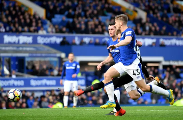 Everton defenders Jonjoe Kenny and Michael Keane can't prevent Aaron Ramsey from netting on Sunday