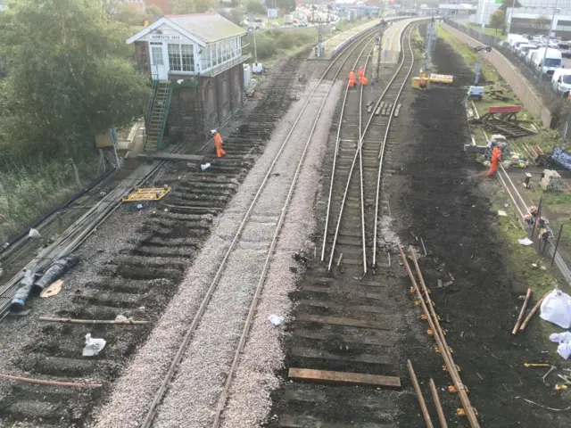 Engineering work on the rail line near Great Yarmouth