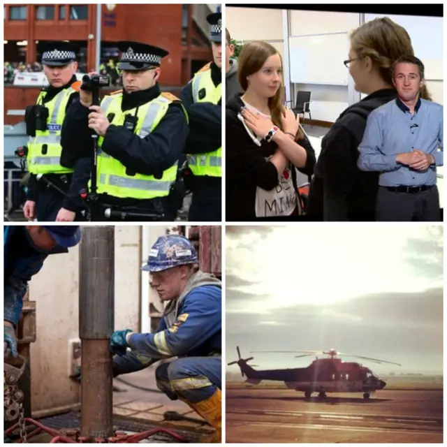 Collage of policemen, BSL signing, fracking and a helicopter