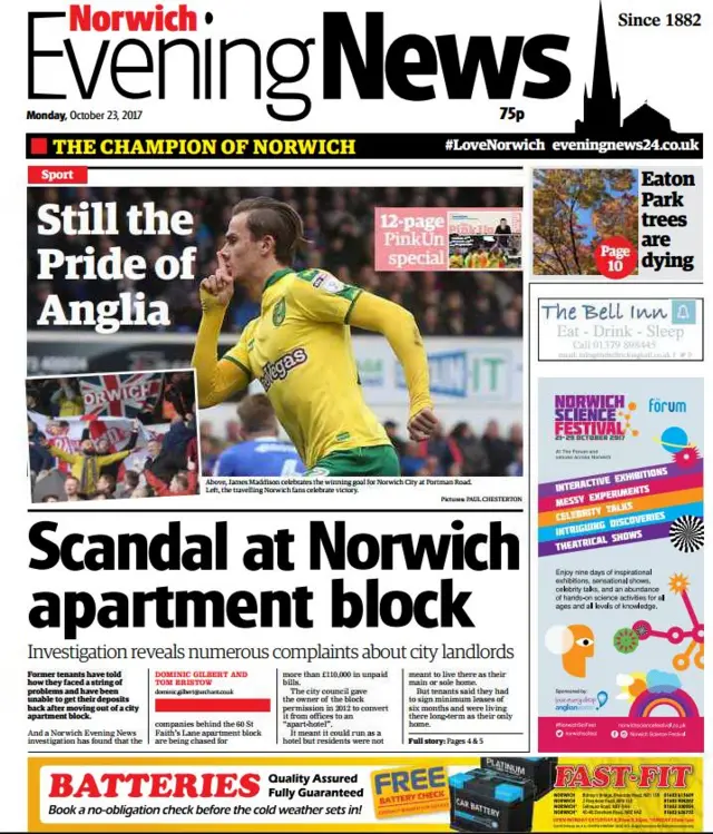 Front page of Norwich Evening News