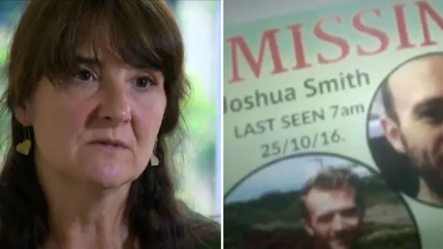 Sarah Smith and a poster given to the public to help find her son Joshua