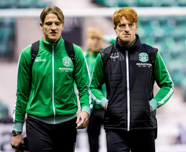 Hibs' Vykintas Slivka and Simon Murray