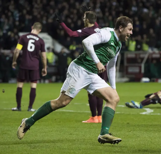 Hibs' Grant Holt celebrates against Hearts