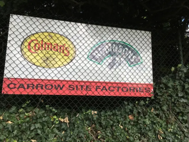 Sign for Colman's and Robinsons at entrance to factories site