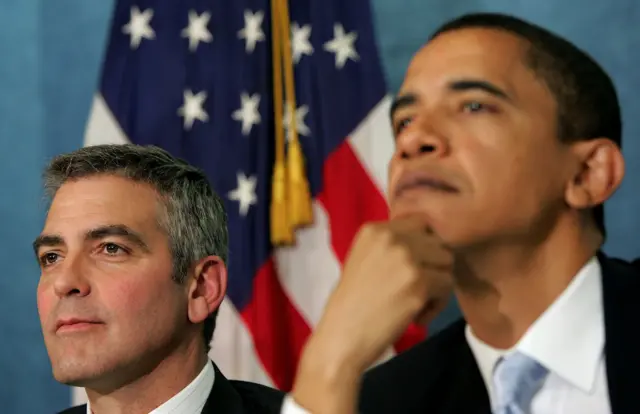 George Clooney and Barack Obama in 2006 Clooney joined Sen. Sam Brownback and Sen. Barack Obama in discussing the situation in the Darfur region of Sudan