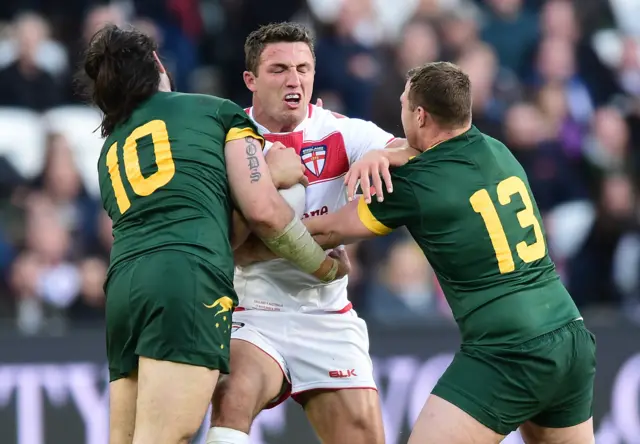 Sam Burgess takes on Aaron Woods and Trent Merrin in the 2016 Four Nations