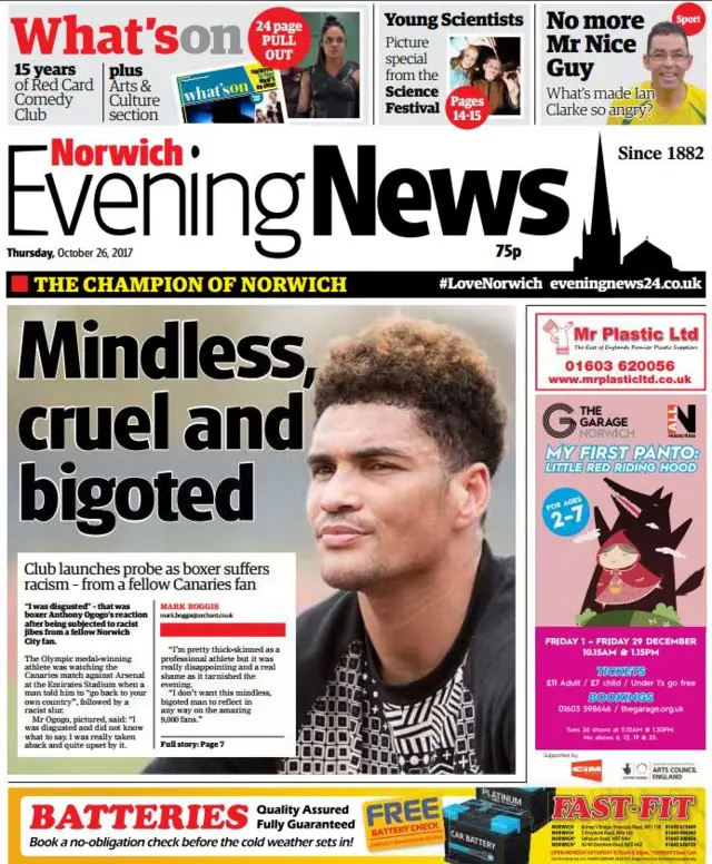 Front page of the Norwich Evening News