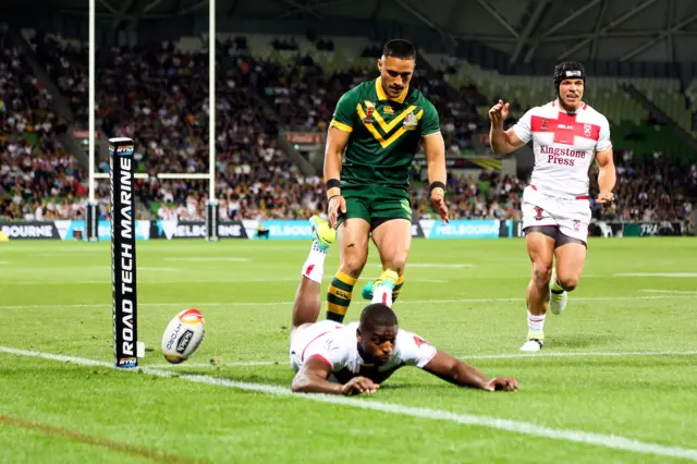 Jermaine McGillvary scores his try against Australia