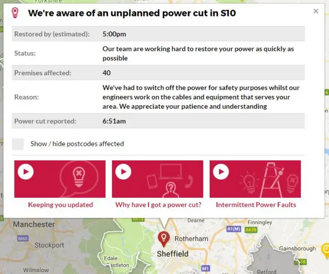 Nothern Power Grid website explains power will be off until 17:00