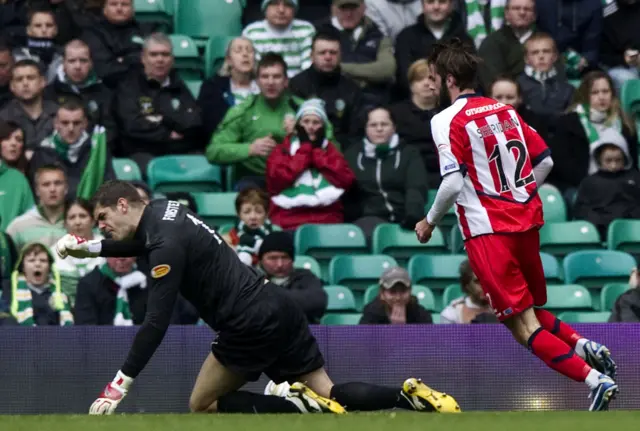 Celtic goalkeeper Fraser Forster is beaten by Kilmarnock's Cillian Sheridan