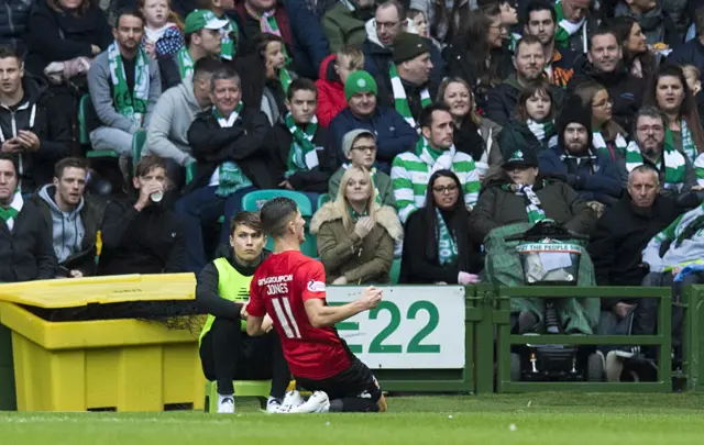 Jordan Jones celebrates his equaliser at Celtic Park