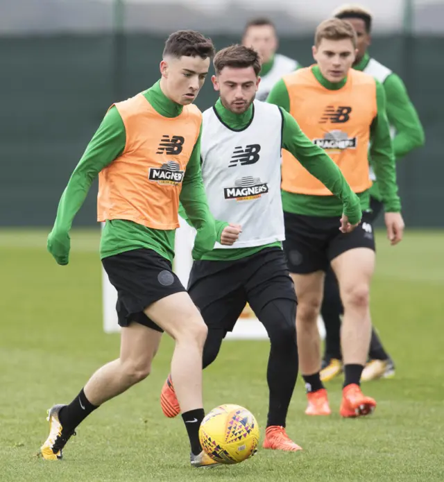 Celtic's Michael Johnston and Patrick Roberts during training