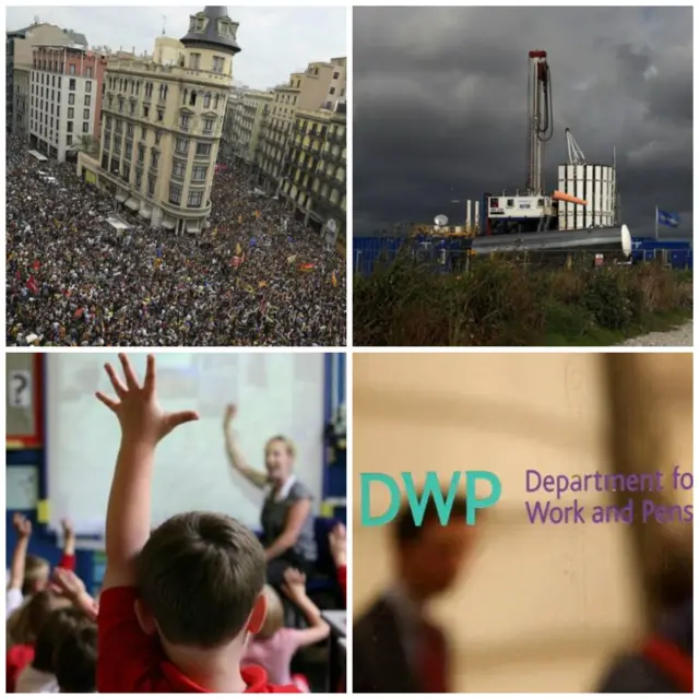 Collage of Catalonia, fracking, education and DWP