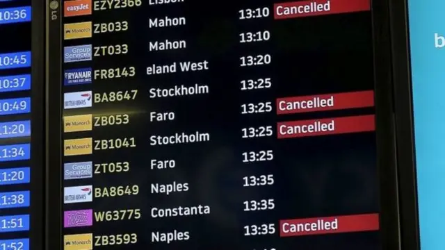 An arrivals board showing cancelled Monarch flights