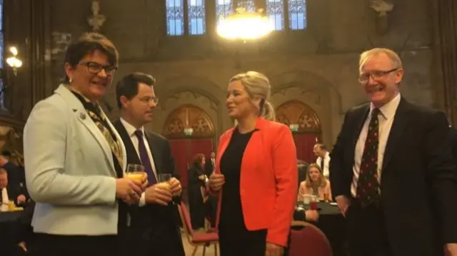 (Left to right), Arlene Foster, James Brokenshire and Michele O'Neill, along with Irish senator Frank Feighan at an Ulster Fry Breakfast at the Conservative Party conference