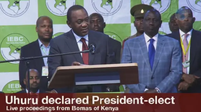 Uhuru Kenyatta gives his first speech after being announced the winner of the repeat presidential poll