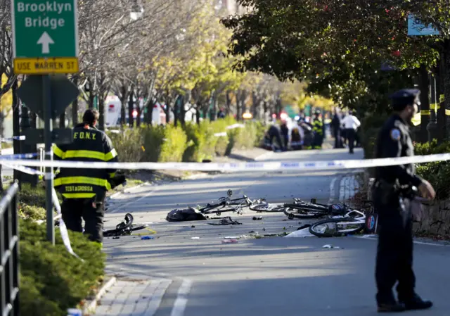 Debris from bikes are seen in New York City